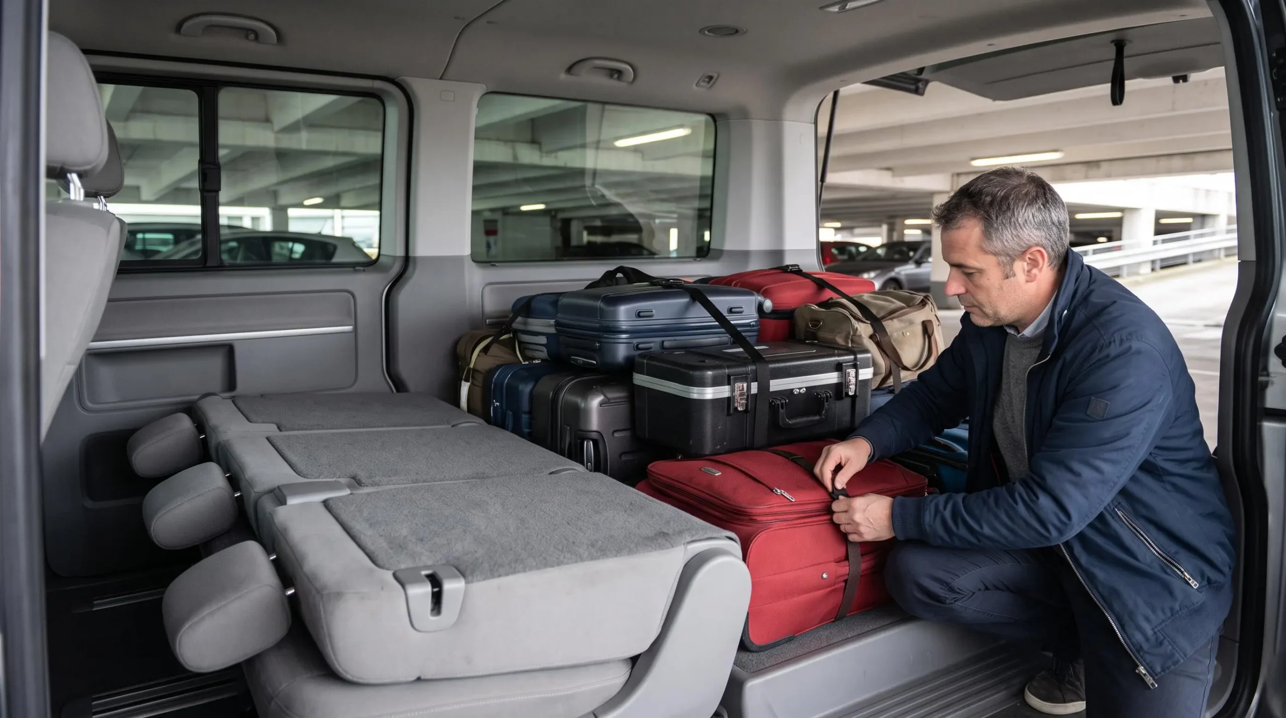 Un homme arrime une valise dans le coffre agrandi d'un minibus dont les banquettes arrière sont rabattues.