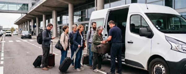 Un groupe de voyageurs avec valises monte à bord d'un minibus blanc stationné devant le terminal de l'aéroport de Roissy-Charles de Gaulle.