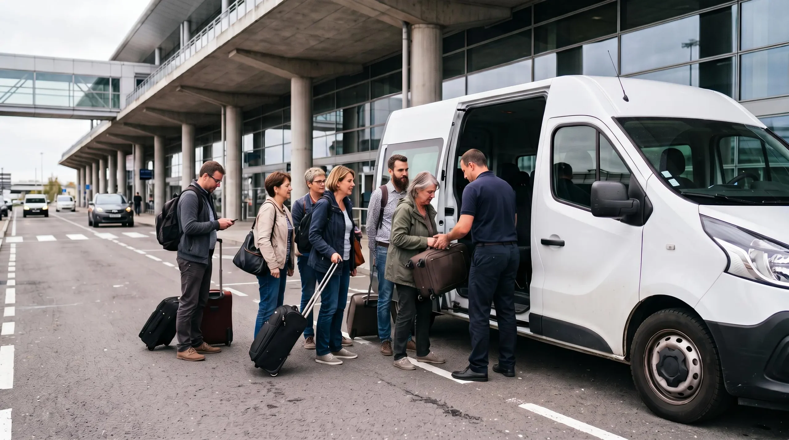 Un groupe de voyageurs avec valises monte à bord d'un minibus blanc stationné devant le terminal de l'aéroport de Roissy-Charles de Gaulle.