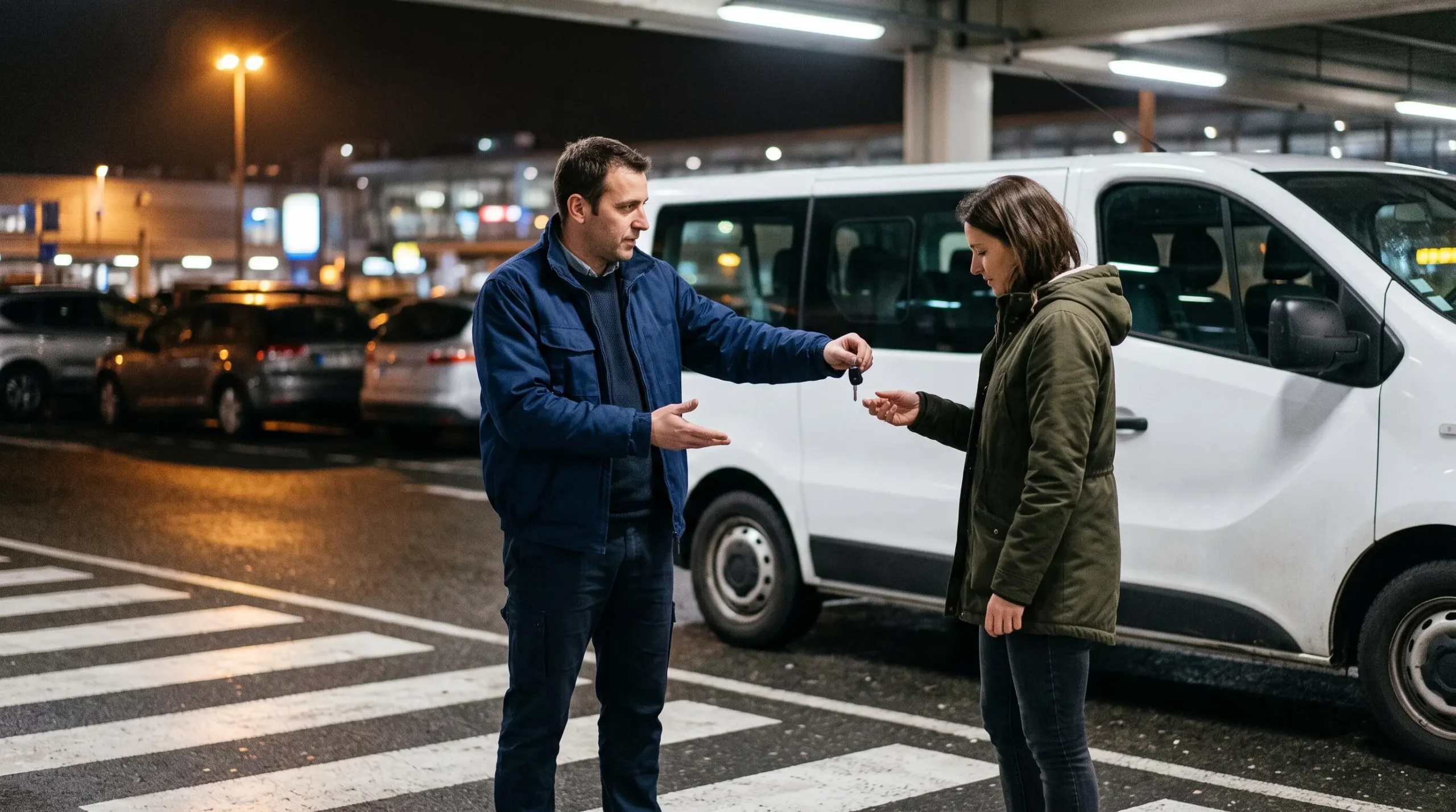 De nuit sur un parking d'aéroport, un agent remet les clés d'un minibus à une cliente près du véhicule stationné.